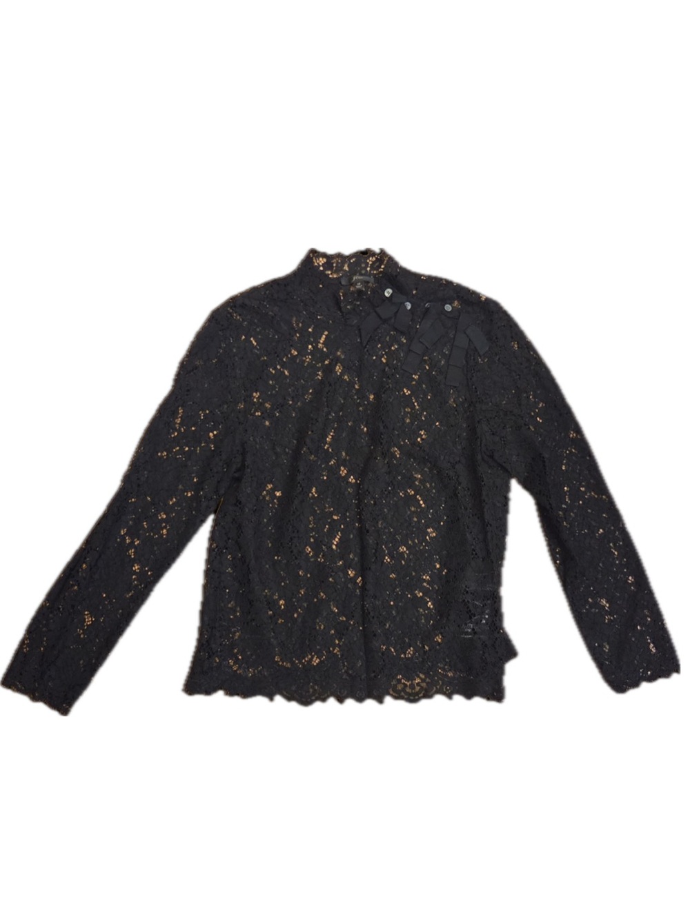J. Crew Black Lace Long-Sleeve Blouse with Ribbon Bow Detail